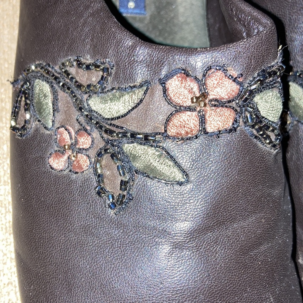 Anthropologie Brown Leather Floral Slip-On Clogs - Picture 5 of 11